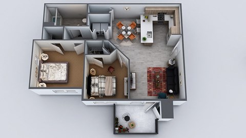 Floor plan for 2 beds, 1 bath, 949 sqft